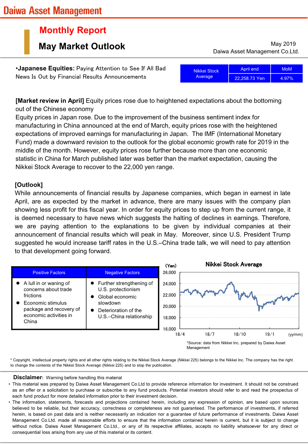 Monthly Report May Market Outlook May 2019 Daiwa Asset Management Co.Ltd