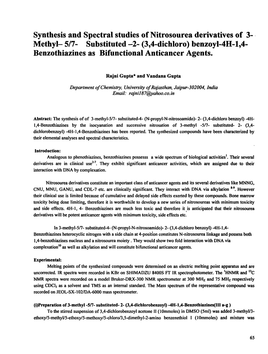 Methyl- 5/7- Substituted -2- (3,4-Dichloro) Benzoyl-4H-L,4- Benzothiazines As Bifunctional Anticancer Agents