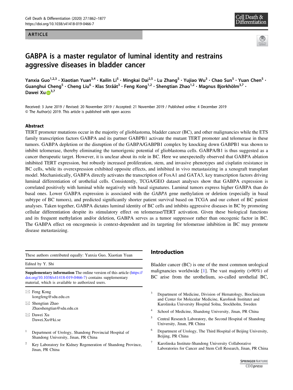 GABPA Is a Master Regulator of Luminal Identity and Restrains Aggressive Diseases in Bladder Cancer