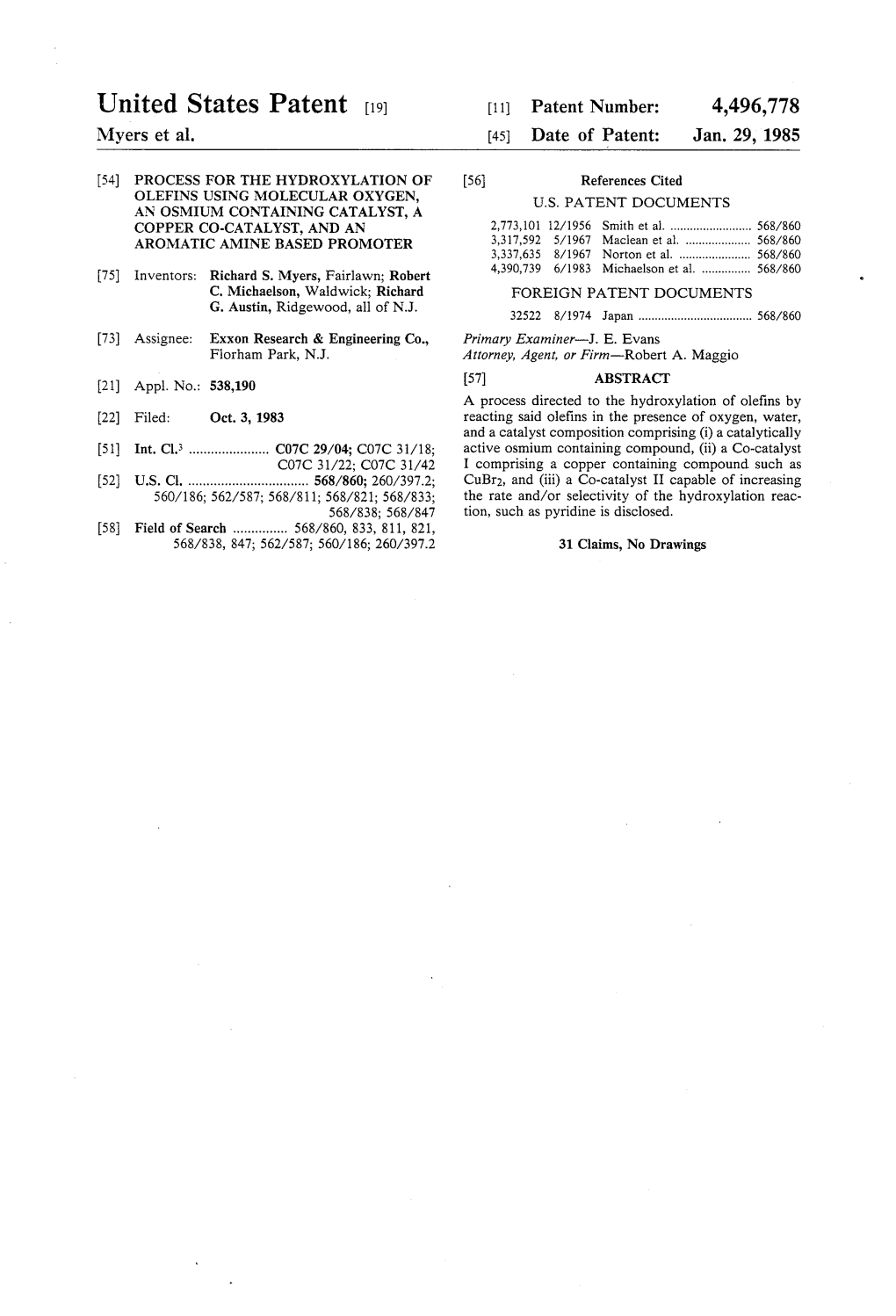 United States Patent (19) 11 Patent Number: 4,496,778 Myers Et Al