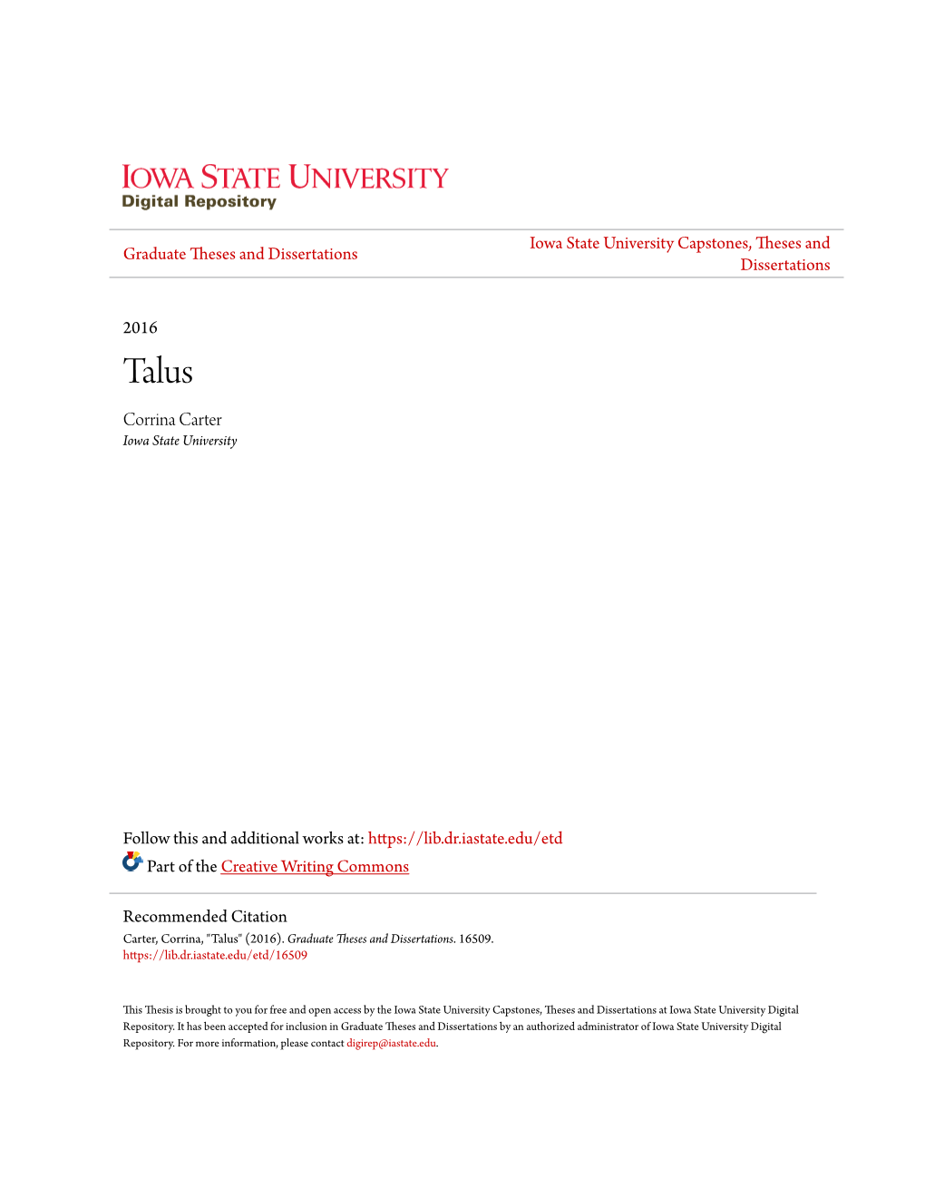 Talus Corrina Carter Iowa State University