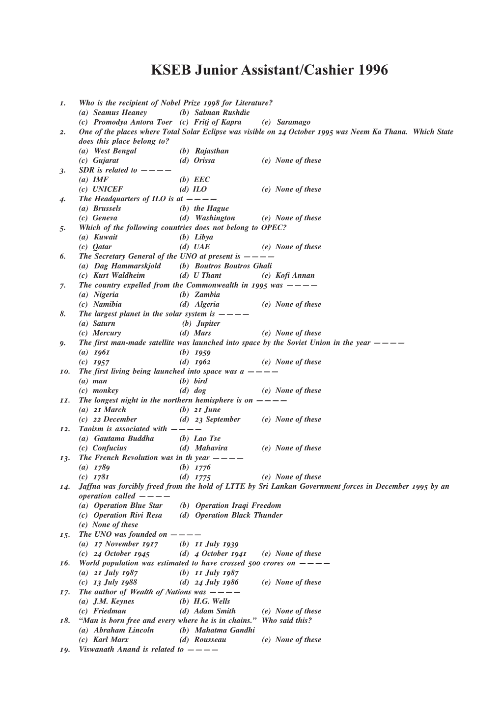 KSEB Junior Assistant Cashier 1996.Pmd