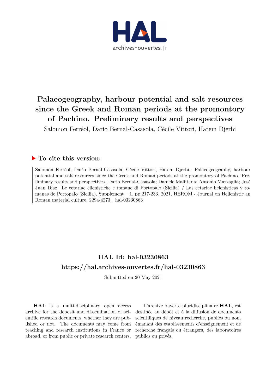 Palaeogeography, Harbour Potential and Salt Resources Since the Greek and Roman Periods at the Promontory of Pachino