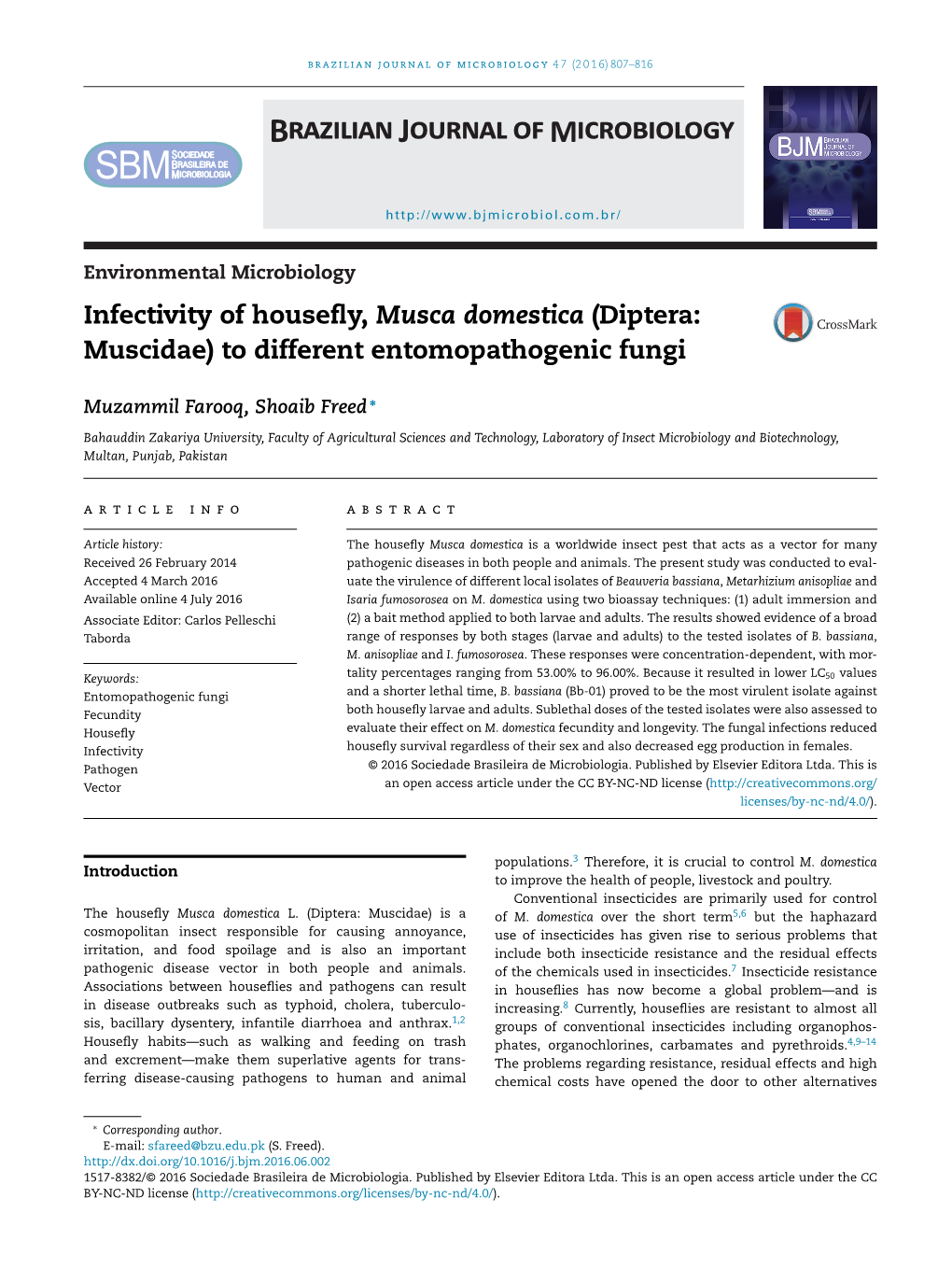 Infectivity of Housefly, Musca Domestica