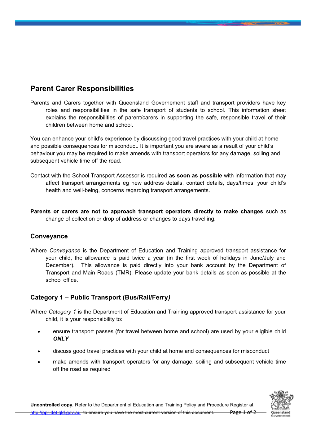 Parent Carer Transport Responsibilities