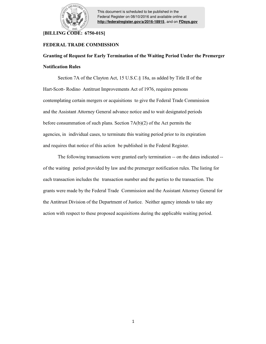 FEDERAL TRADE COMMISSION Granting of Request for Early