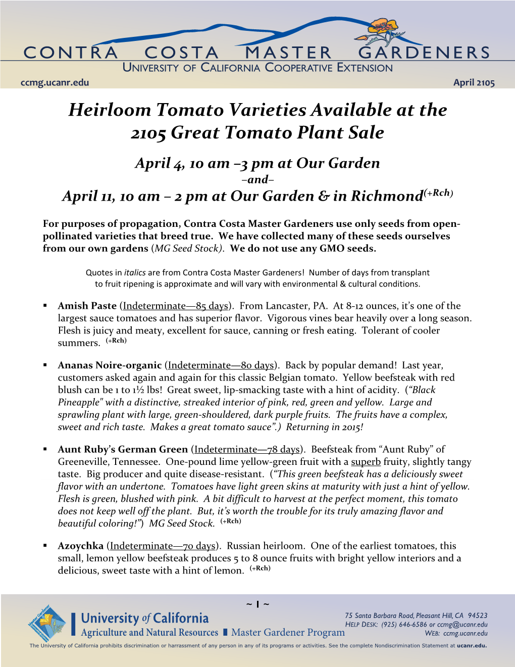 Heirloom Tomato Varieties Available at the 2105 Great Tomato Plant Sale