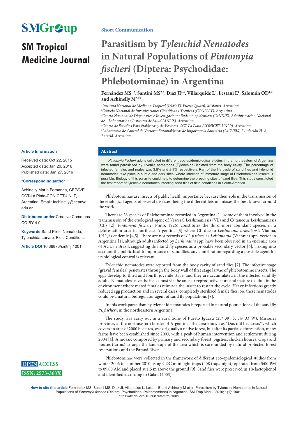 Parasitism by Tylenchid Nematodes in Natural Populations of Pintomyia Fischeri (Diptera: Psychodidae: Phlebotominae) in Argentina