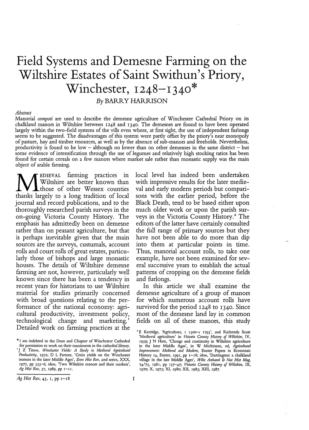 Field Systems and Demesne Farming on the Wiltshire Estates of Saint Swithun's Priory, Winchester, I248-134O* by BAN KY HAR KISON