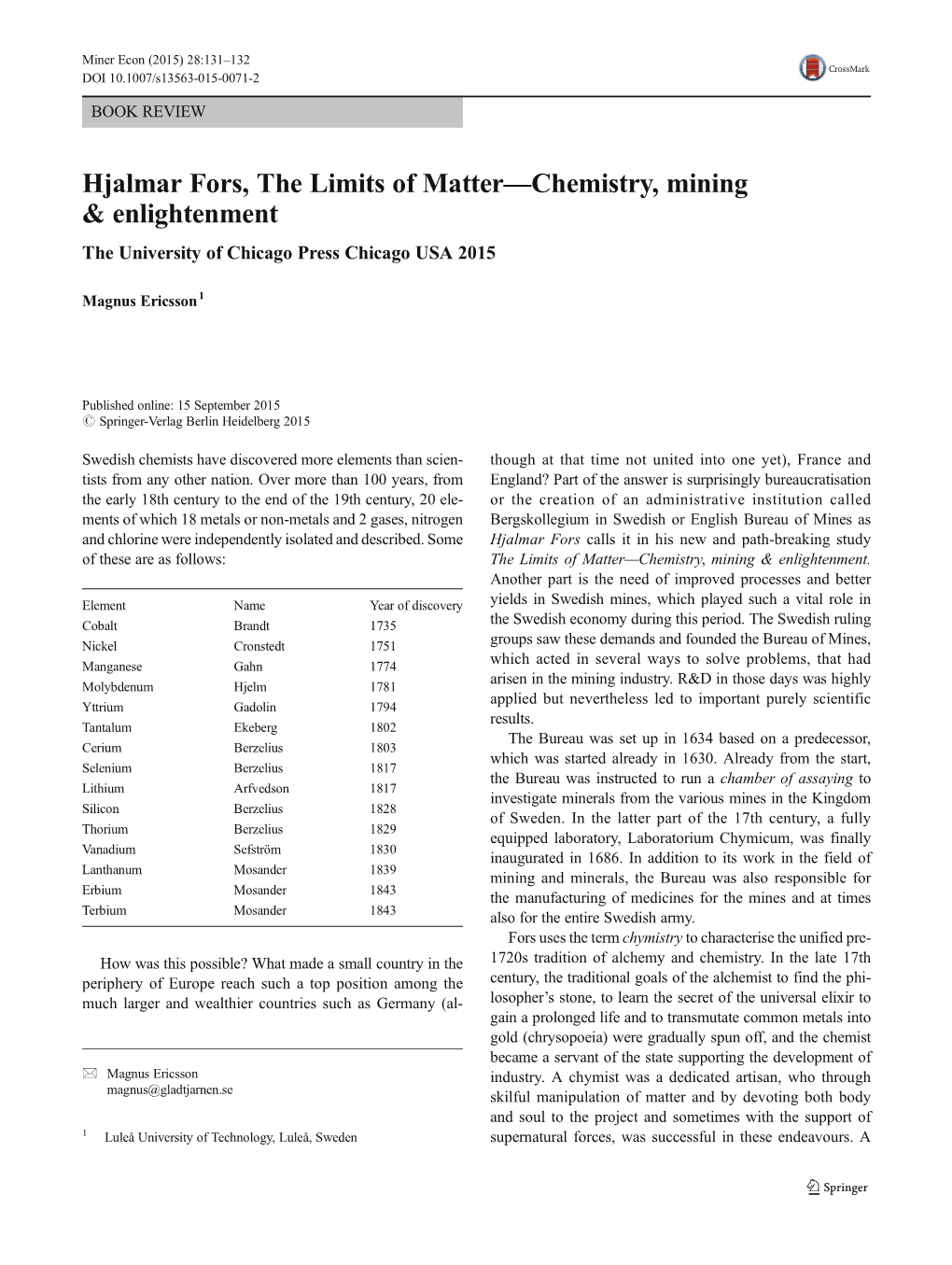 Hjalmar Fors, the Limits of Matter—Chemistry, Mining & Enlightenment