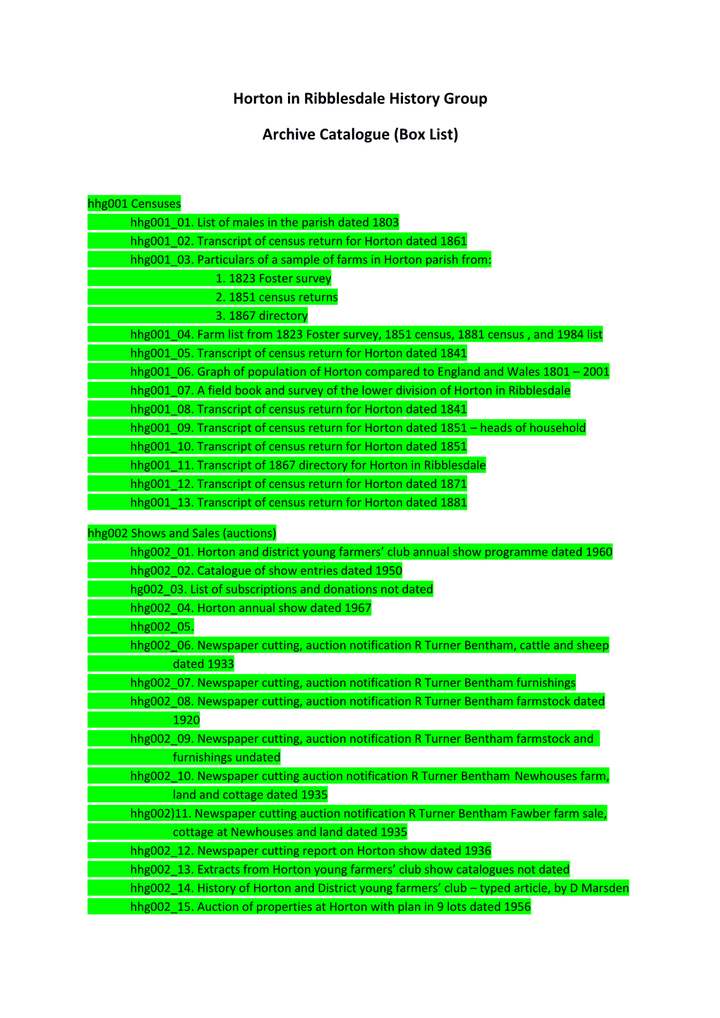 Horton in Ribblesdale History Group Archive Catalogue (Box List)