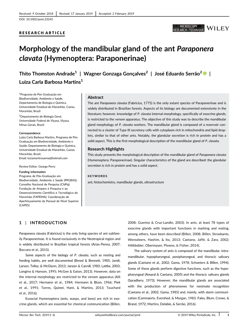 Morphology of the Mandibular Gland of the Ant Paraponera Clavata (Hymenoptera: Paraponerinae)