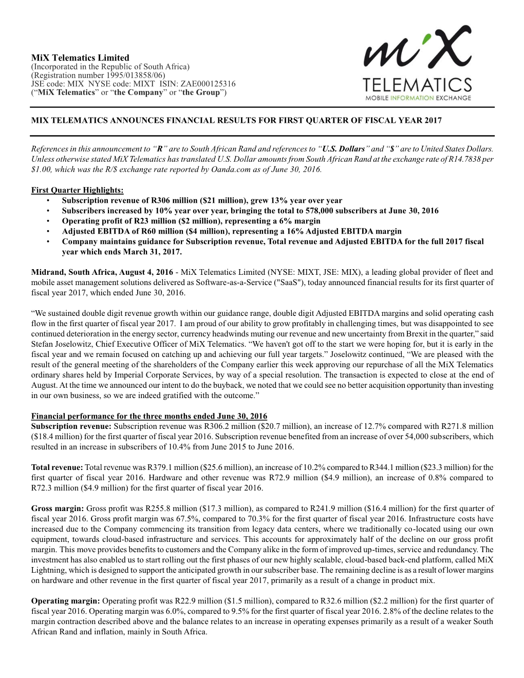 Mix Telematics Limited