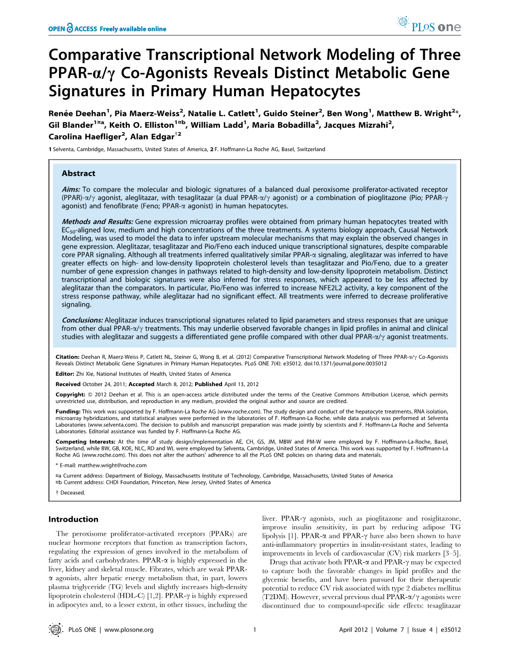 Comparative Transcriptional Network Modeling of Three PPAR-A/C Co-Agonists Reveals Distinct Metabolic Gene Signatures in Primary Human Hepatocytes