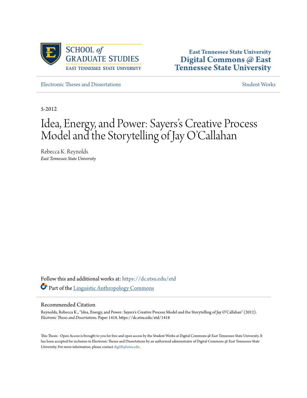 Sayers's Creative Process Model and the Storytelling of Jay O'callahan