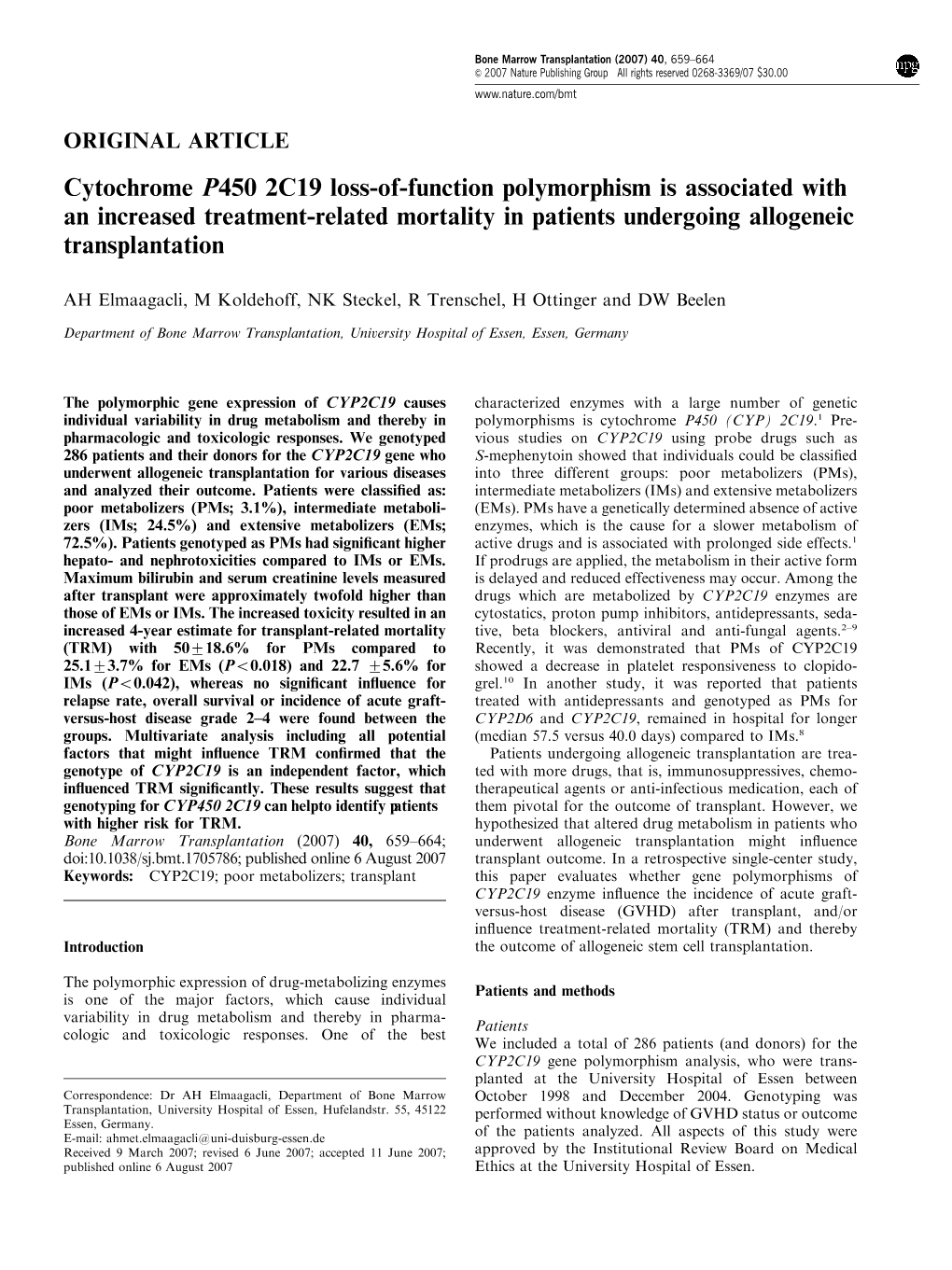 Cytochrome P450 2C19 Loss-Of-Function Polymorphism Is Associated with an Increased Treatment-Related Mortality in Patients Undergoing Allogeneic Transplantation