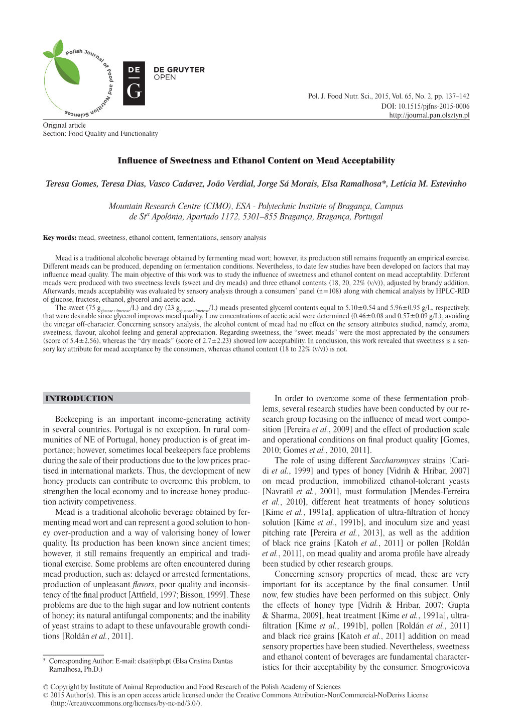 Influence of Sweetness and Ethanol Content on Mead Acceptability