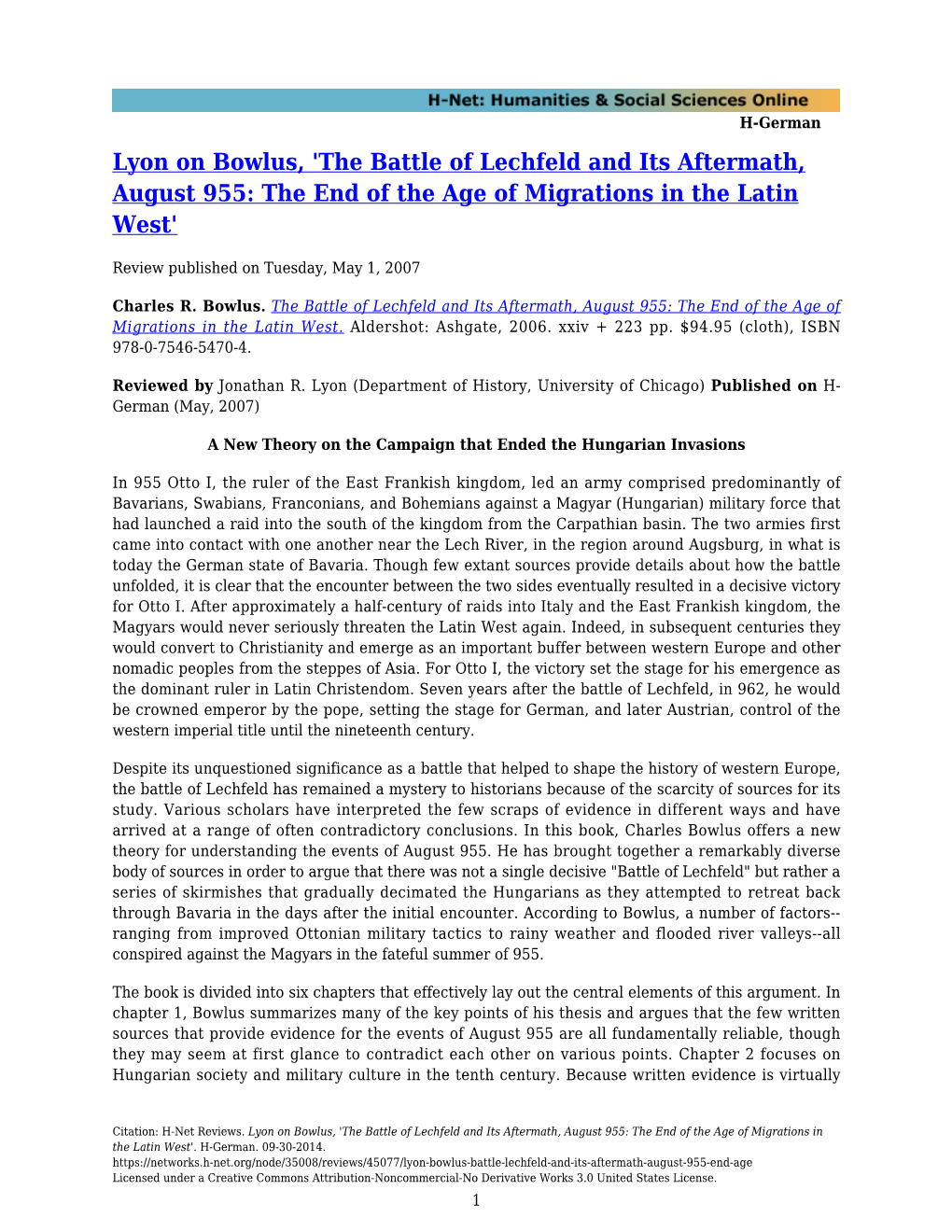 Lyon on Bowlus, 'The Battle of Lechfeld and Its Aftermath, August 955: the End of the Age of Migrations in the Latin West'