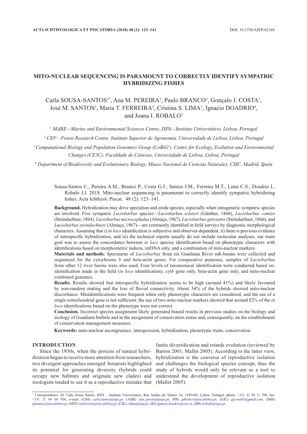 Mito-Nuclear Sequencing Is Paramount to Correctly Identify Sympatric Hybridizing Fishes