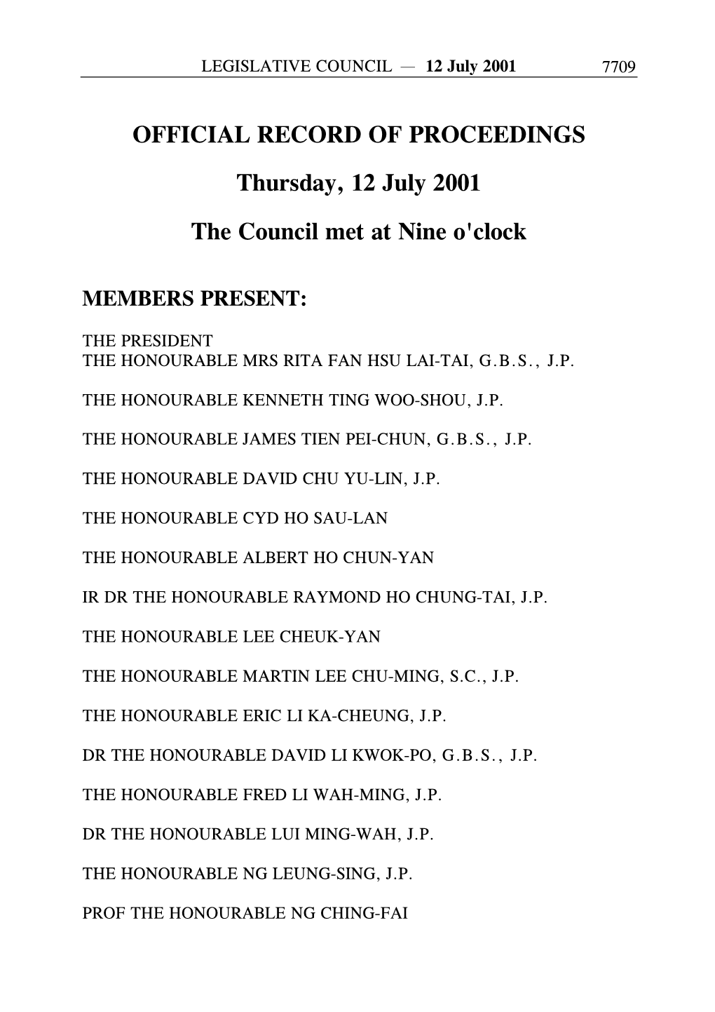 OFFICIAL RECORD of PROCEEDINGS Thursday, 12 July