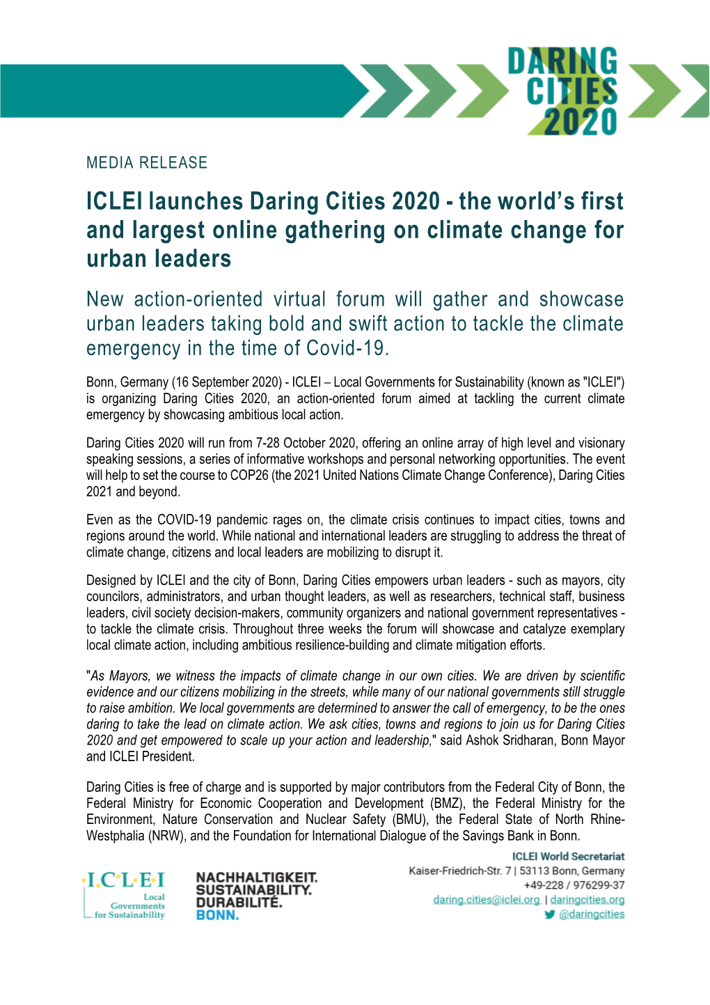 ICLEI Launches Daring Cities 2020