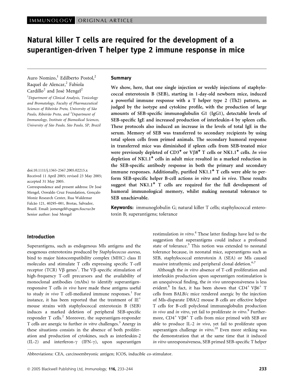 Natural Killer T Cells Are Required for the Development of a Superantigen-Driven T Helper Type 2 Immune Response in Mice