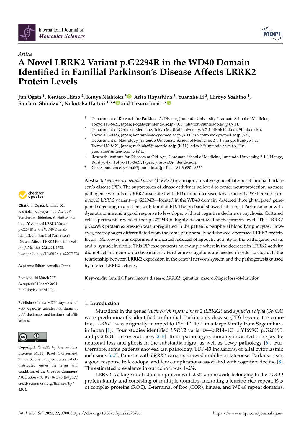 A Novel LRRK2 Variant P.G2294R in the WD40 Domain Identified in Familial Parkinson's Disease Affects LRRK2 Protein Levels