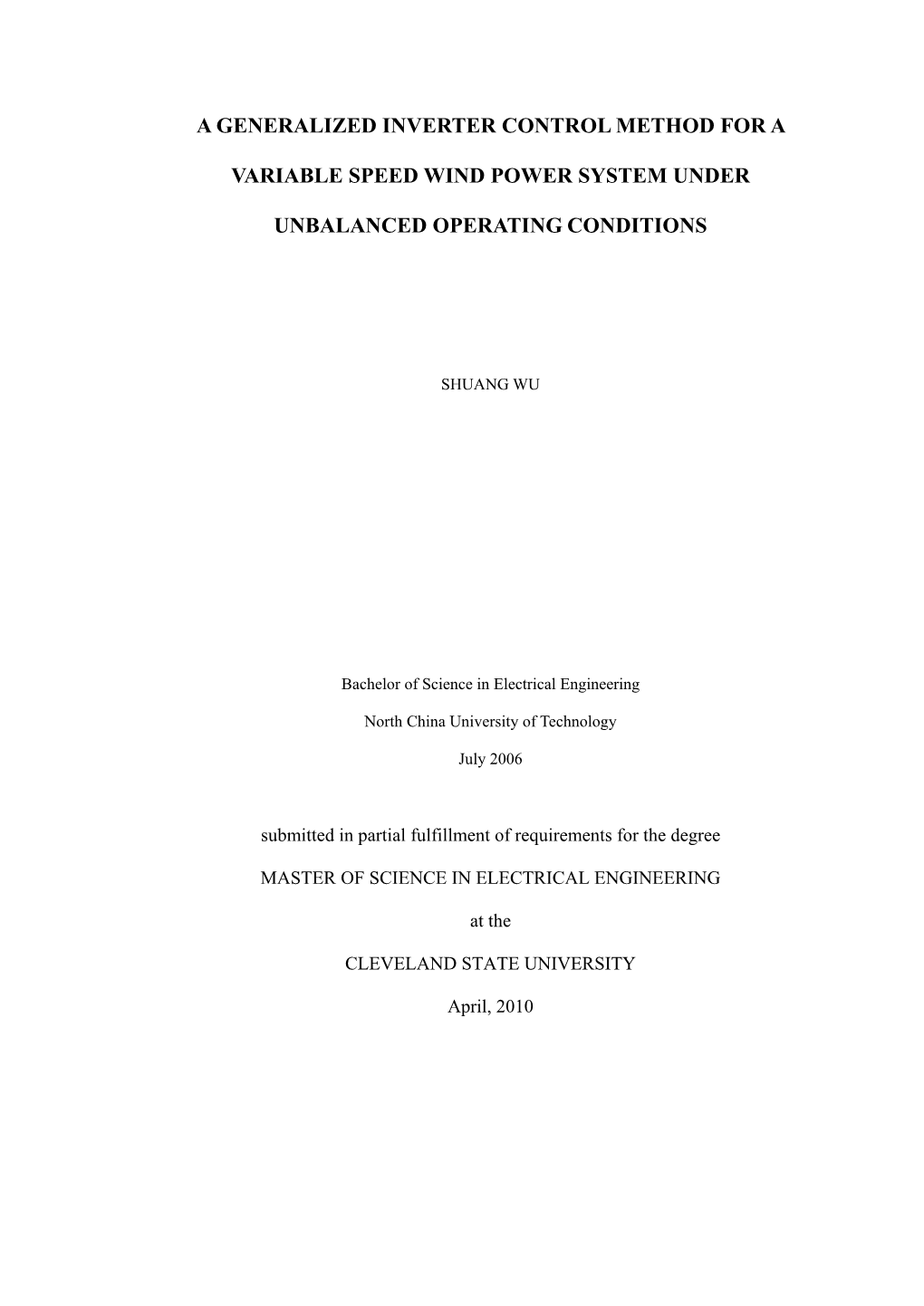 A Generalized Inverter Control Method for a Variable Speed Wind Power