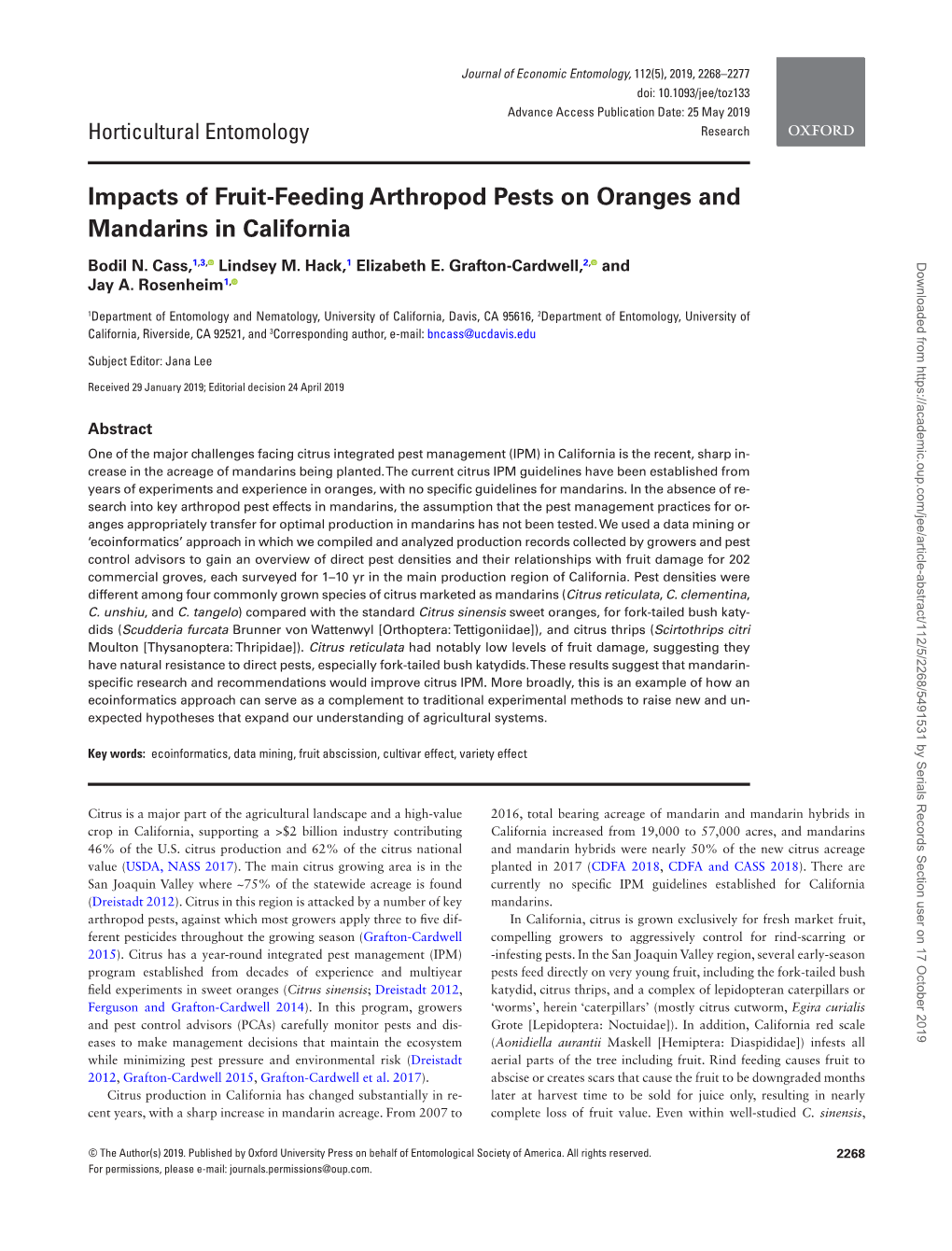 Impacts of Fruit-Feeding Arthropod Pests on Oranges and Mandarins in California