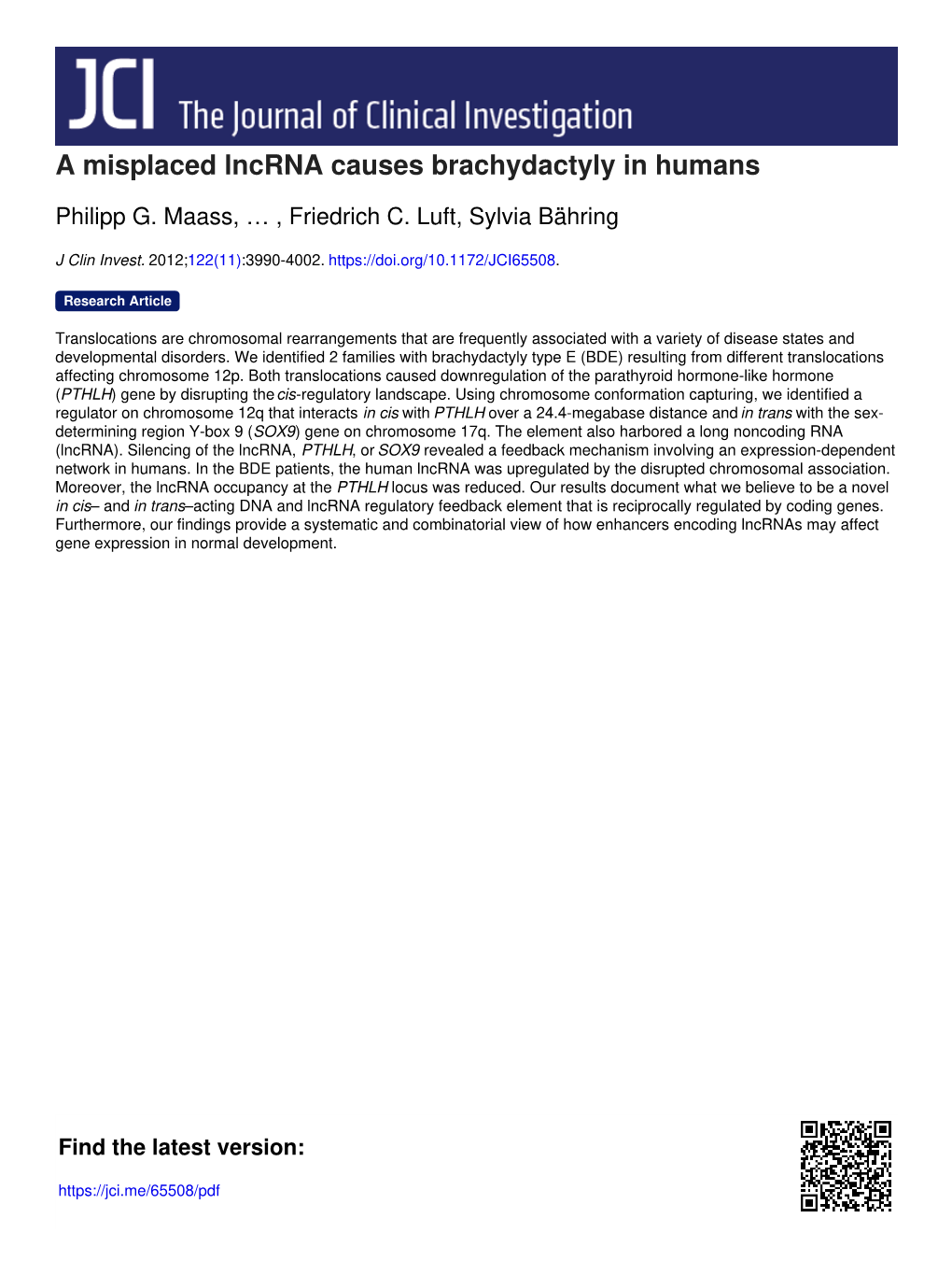 A Misplaced Lncrna Causes Brachydactyly in Humans