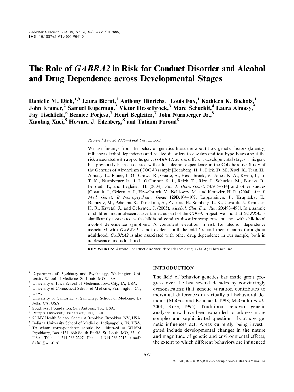 The Role of GABRA2 in Risk for Conduct Disorder and Alcohol and Drug Dependence Across Developmental Stages