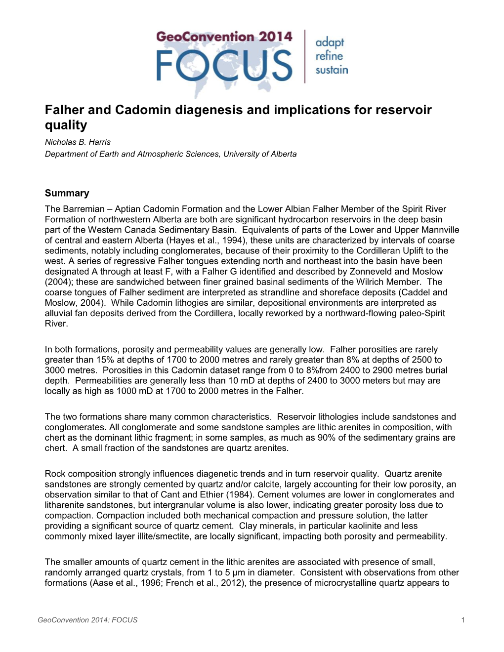 Falher and Cadomin Diagenesis and Implications for Reservoir Quality Nicholas B