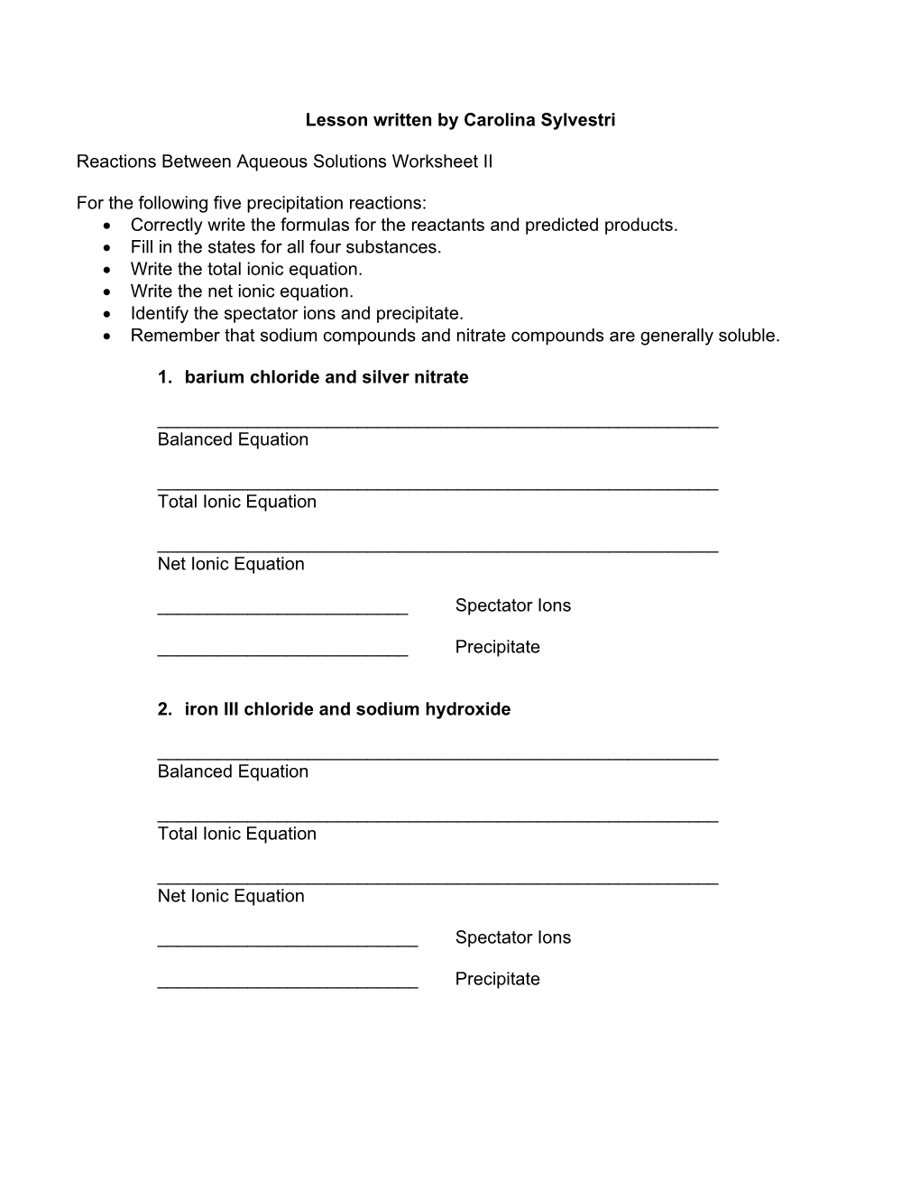 Reactions Between Aqueous Solutions Worksheet II