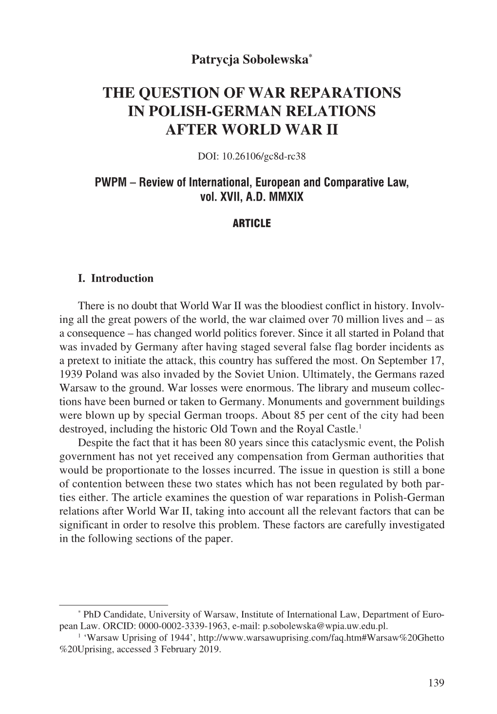 The Question of War Reparations in Polish-German Relations After World War Ii