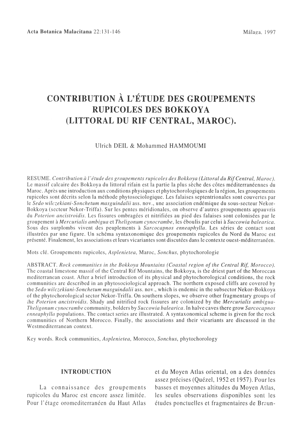 Contribution Á L'étude Des Groupements Rupicoles Des Bokkoya (Littoral Du Rif Central, Maroc)