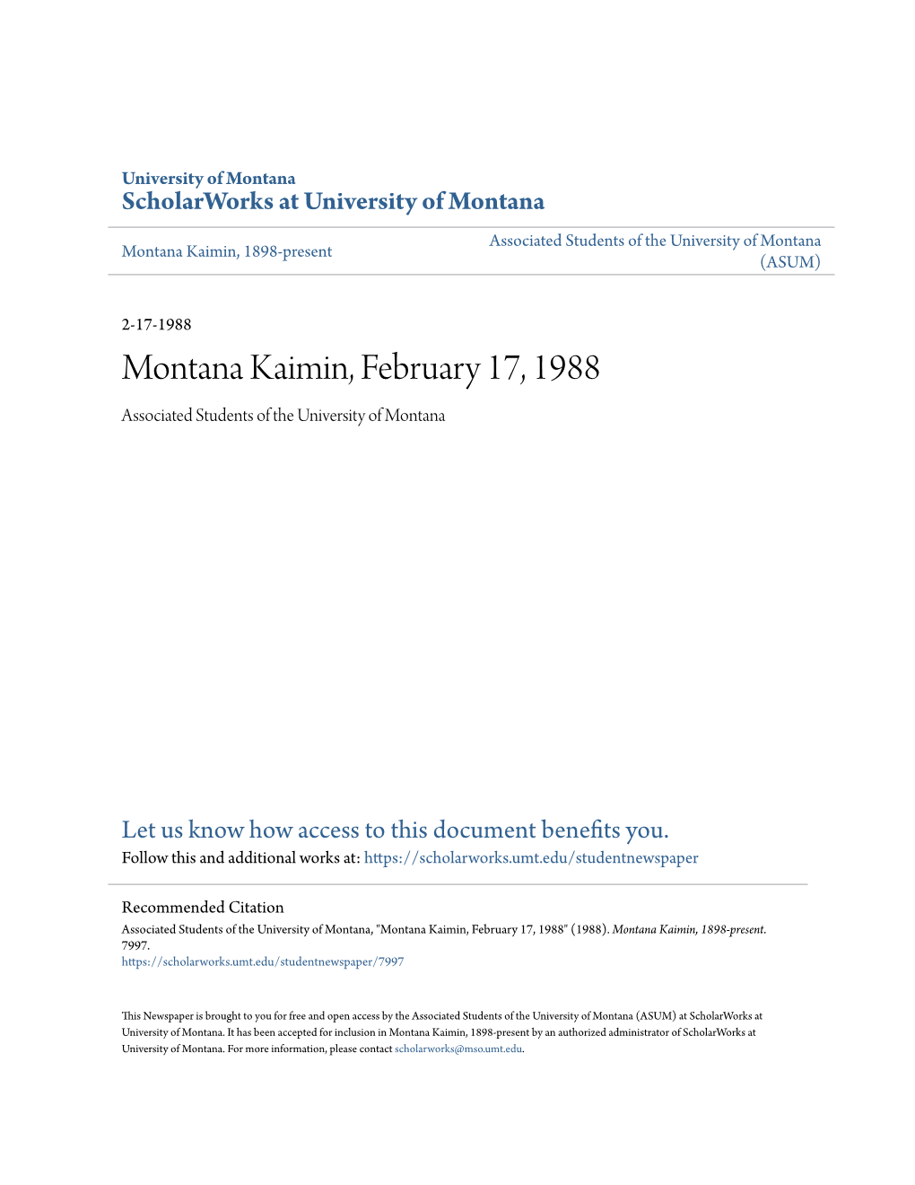 Montana Kaimin, February 17, 1988 Associated Students of the University of Montana