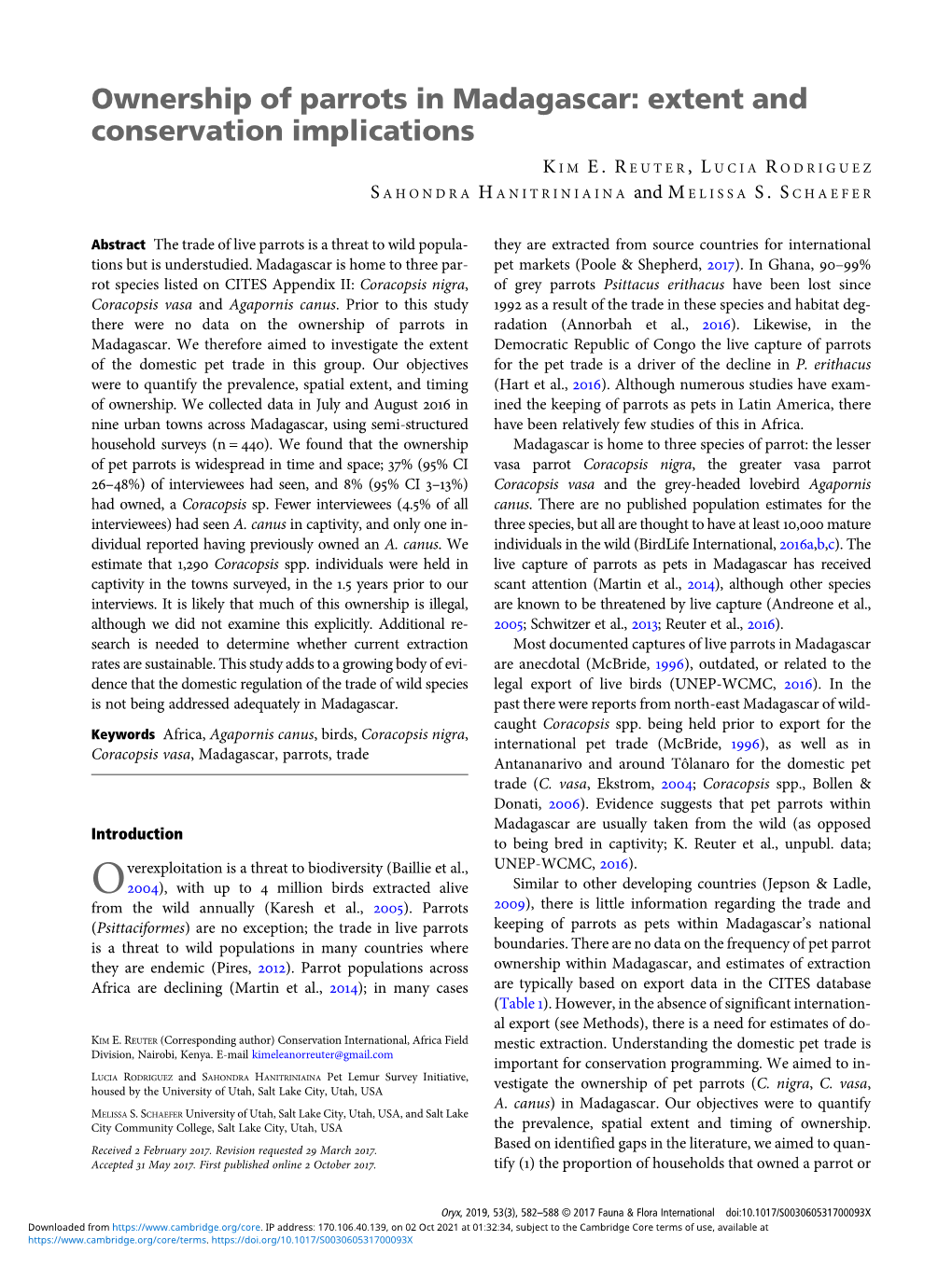 Ownership of Parrots in Madagascar: Extent and Conservation Implications