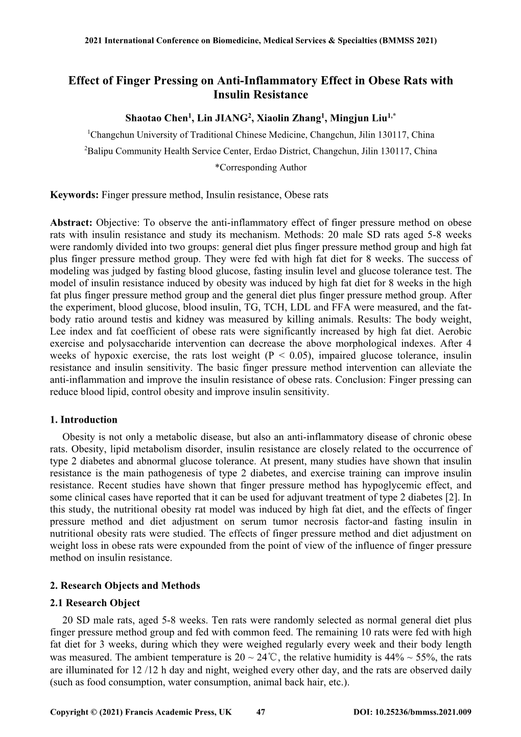 Effect of Finger Pressing on Anti-Inflammatory Effect in Obese Rats with Insulin Resistance