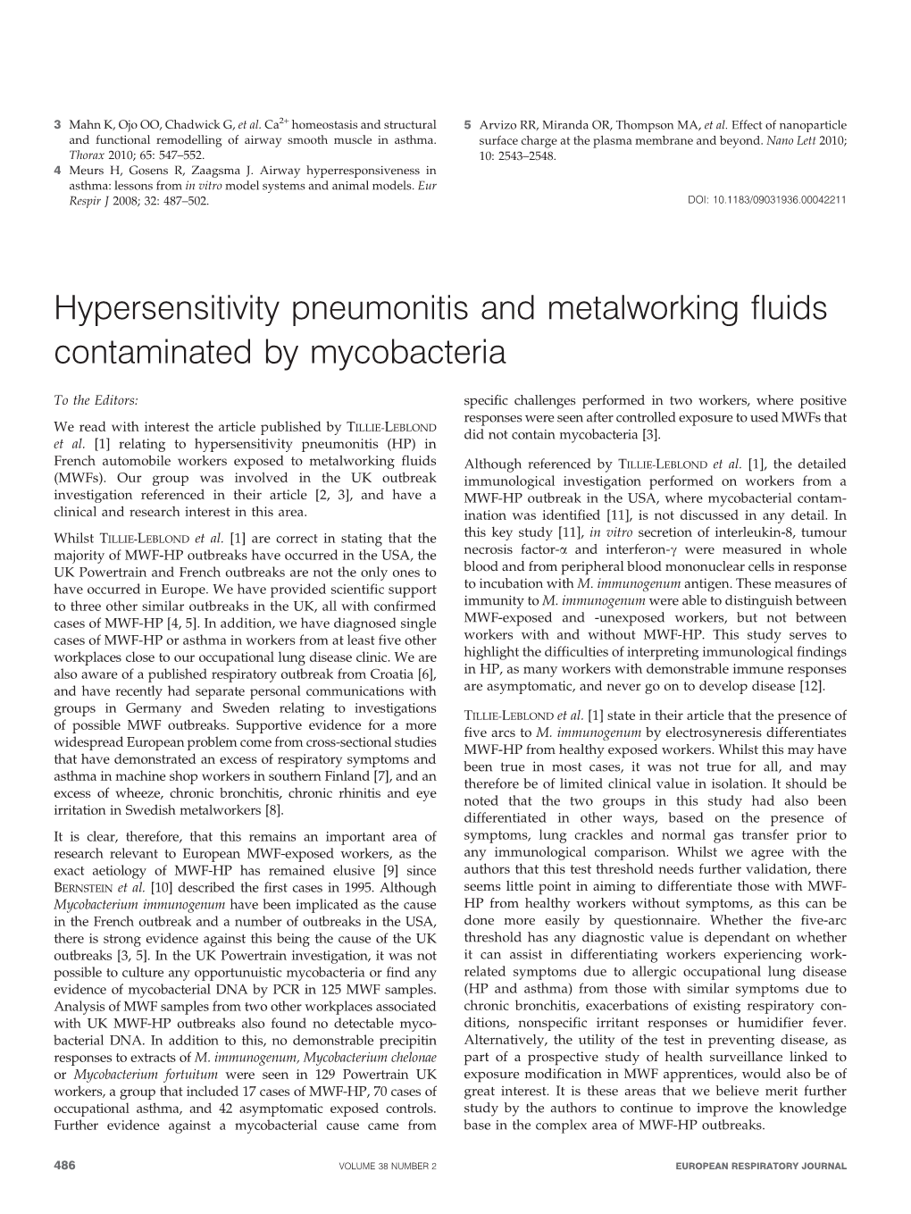 Hypersensitivity Pneumonitis and Metalworking Fluids Contaminated by Mycobacteria