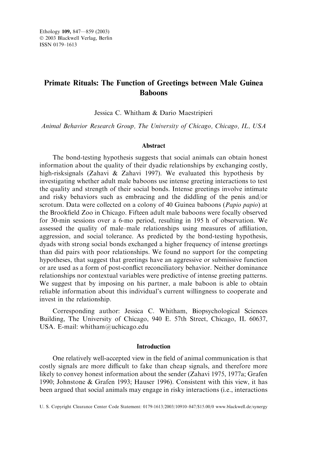 The Function of Greetings Between Male Guinea Baboons