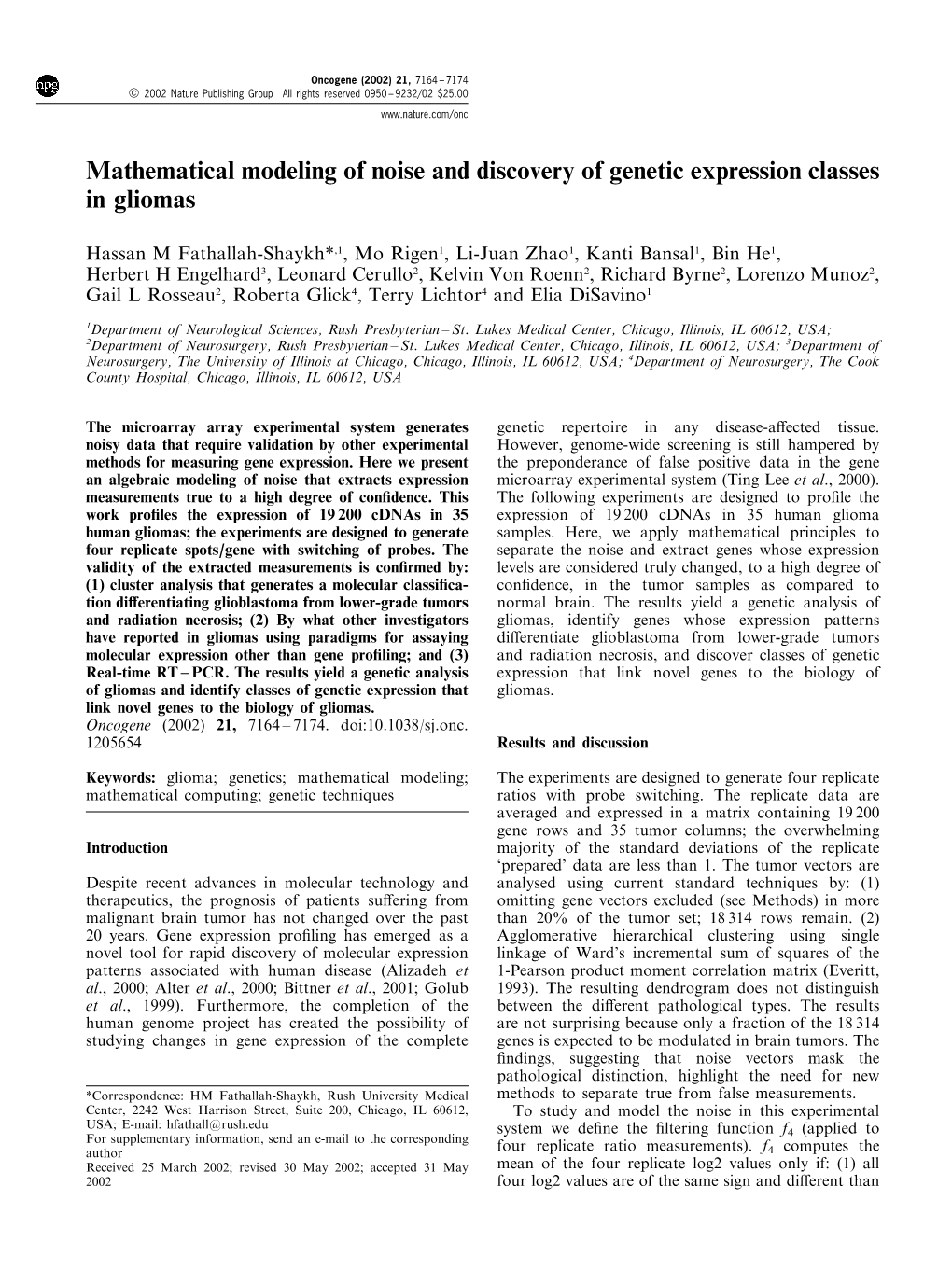 Mathematical Modeling of Noise and Discovery of Genetic Expression Classes in Gliomas