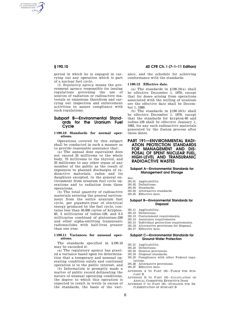 Ards for the Uranium Fuel Cycle PART 191—ENVIRONMENTAL RADI