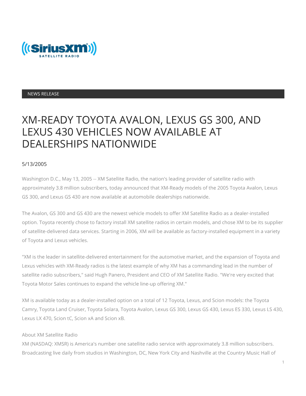 Xm-Ready Toyota Avalon, Lexus Gs 300, and Lexus 430 Vehicles Now Available at Dealerships Nationwide