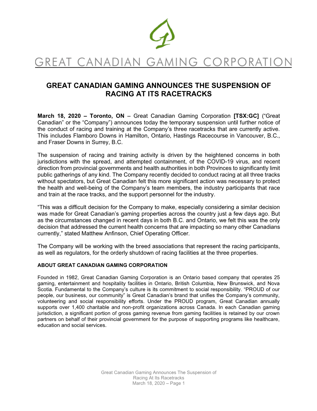 Great Canadian Gaming Announces the Suspension of Racing at Its Racetracks