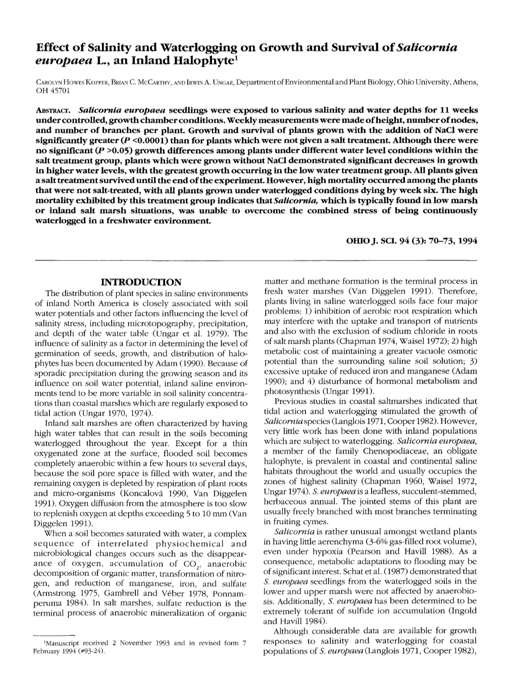 Effect of Salinity and Waterlogging on Growth and Survival of Salicornia Europaea L., and Inland Halophyte