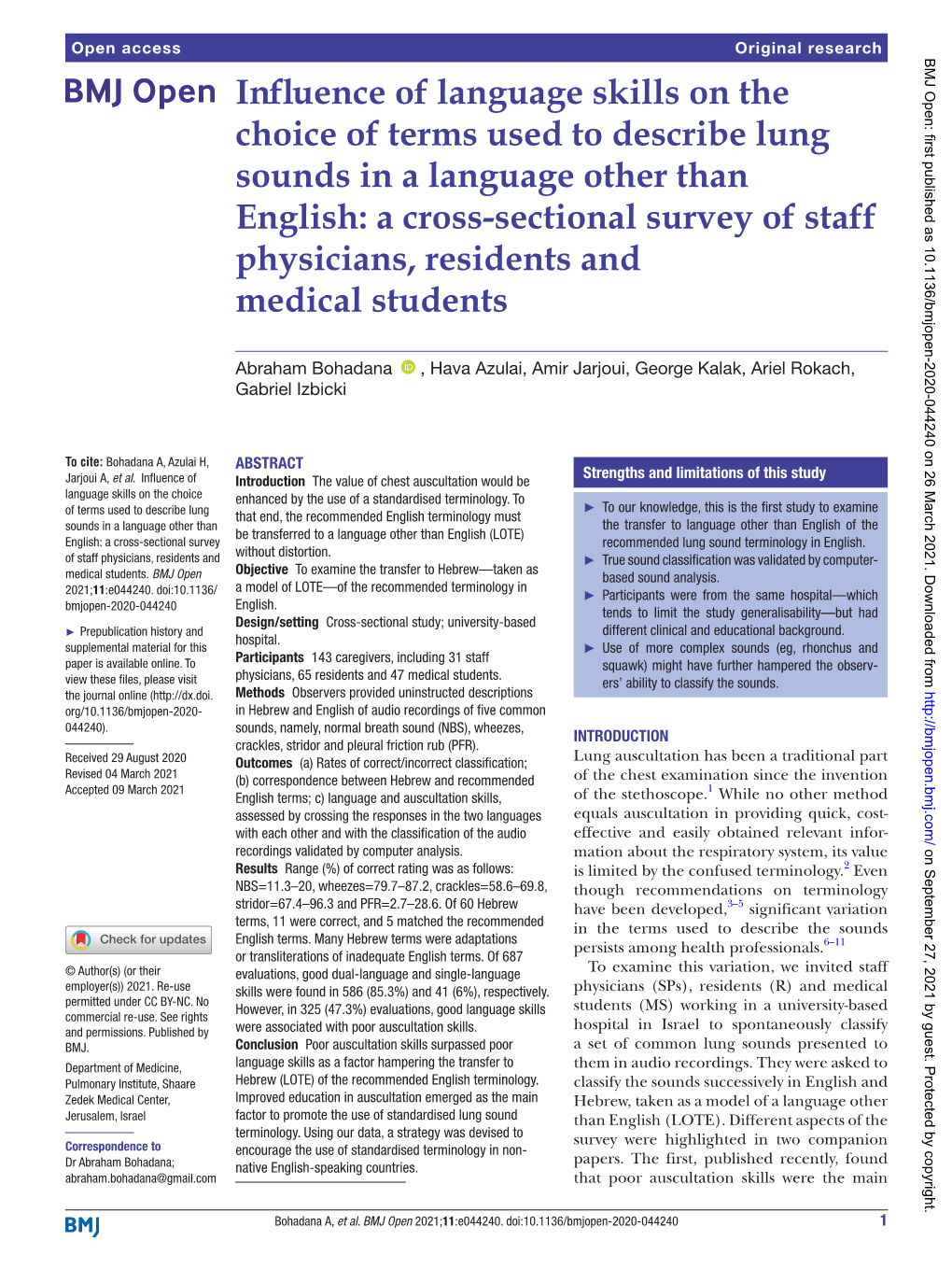 Sectional­ Survey of Staff Physicians, Residents and Medical Students