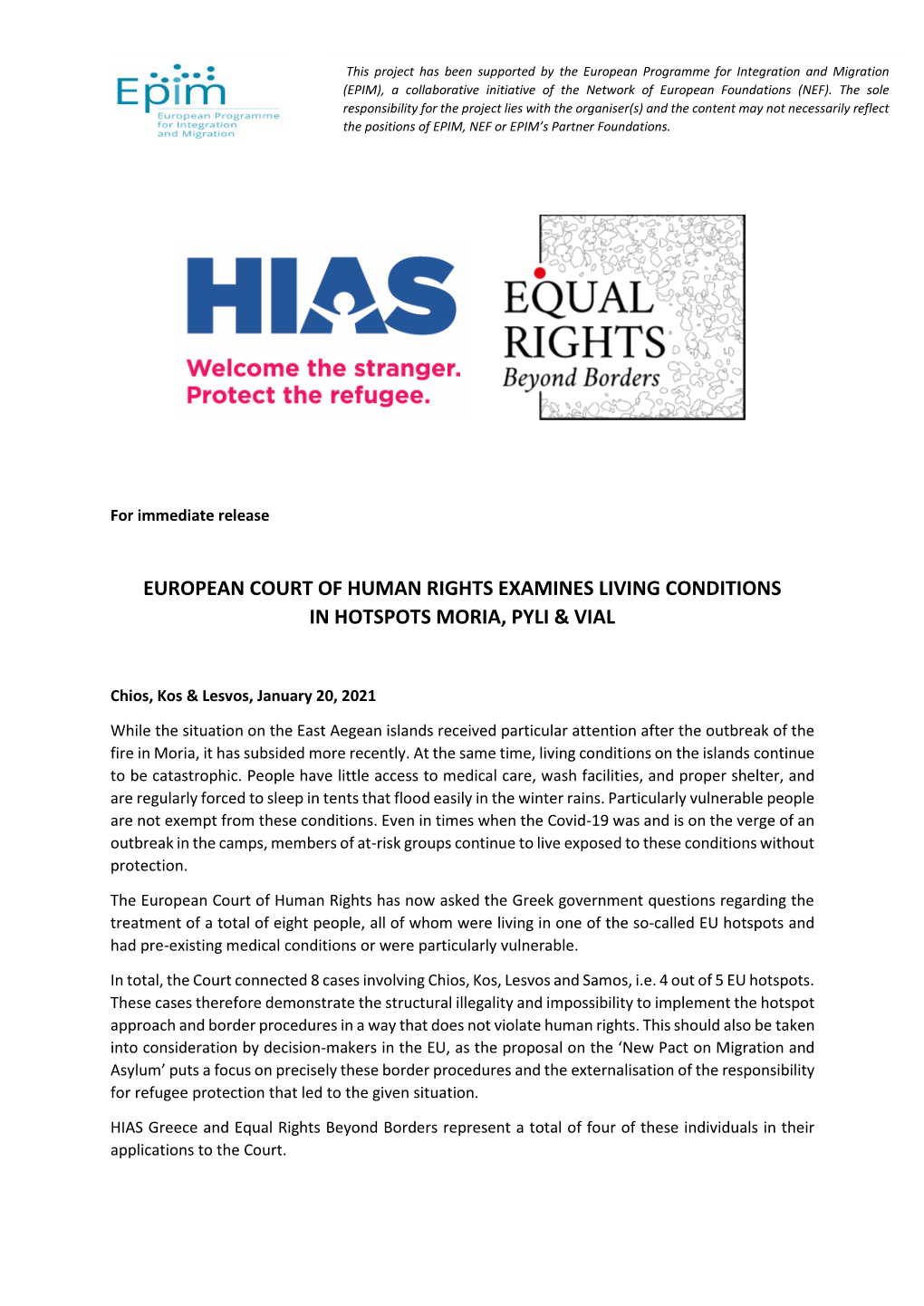 European Court of Human Rights Examines Living Conditions in Hotspots Moria, Pyli & Vial