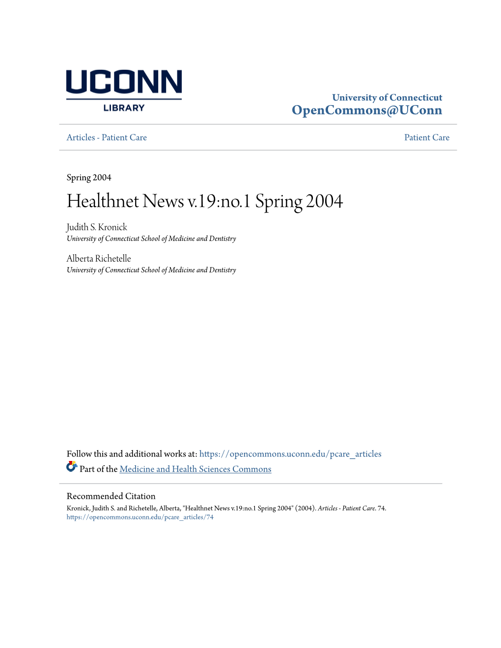 Healthnet News V.19:No.1 Spring 2004 Judith S