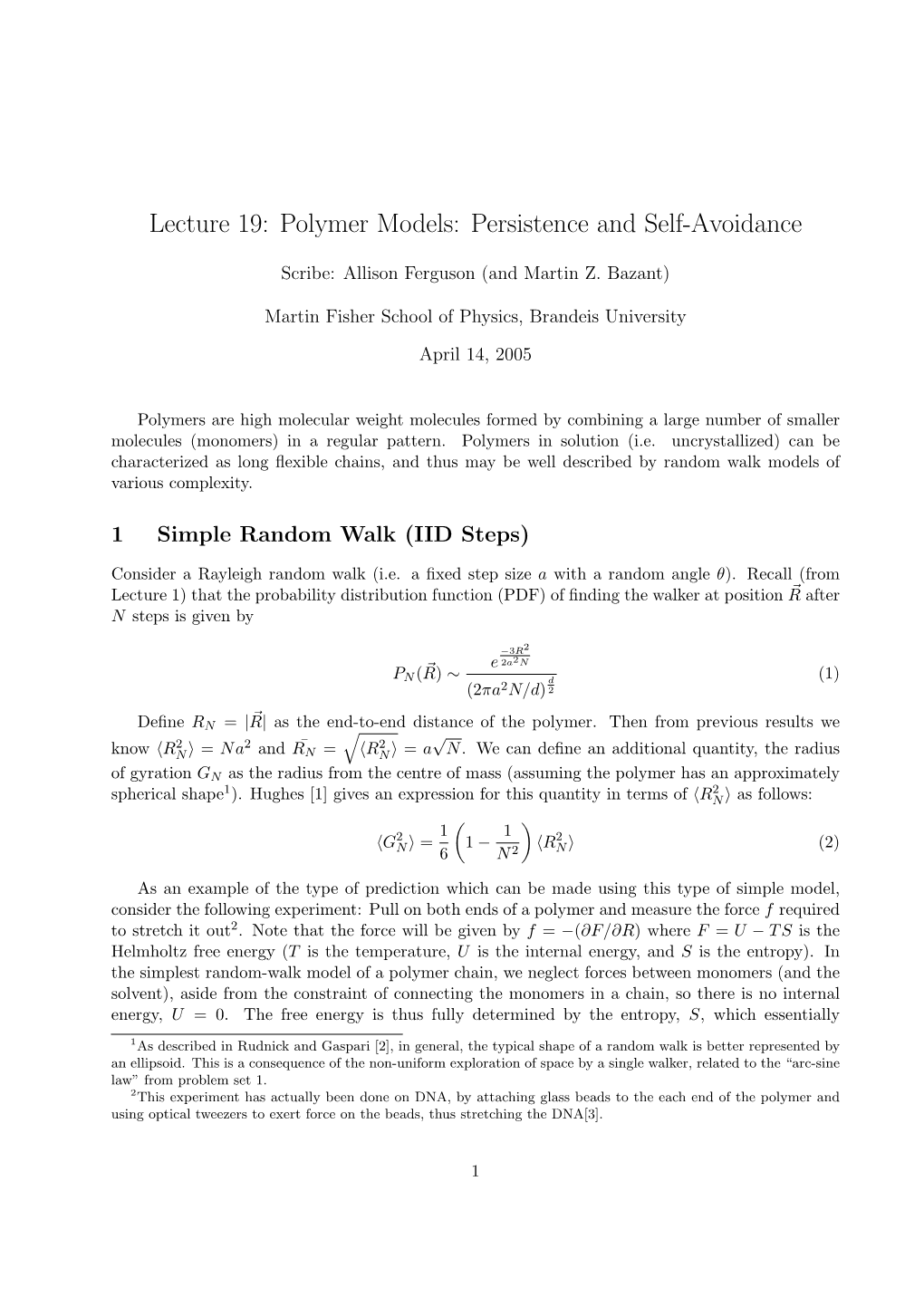 Lecture 19: Polymer Models: Persistence and Self-Avoidance