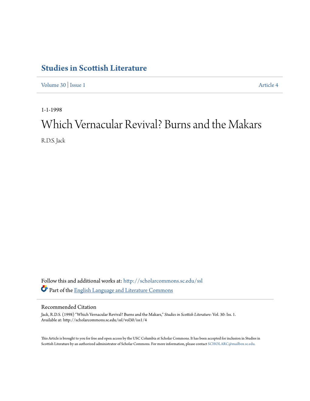 Which Vernacular Revival? Burns and the Makars R.D.S